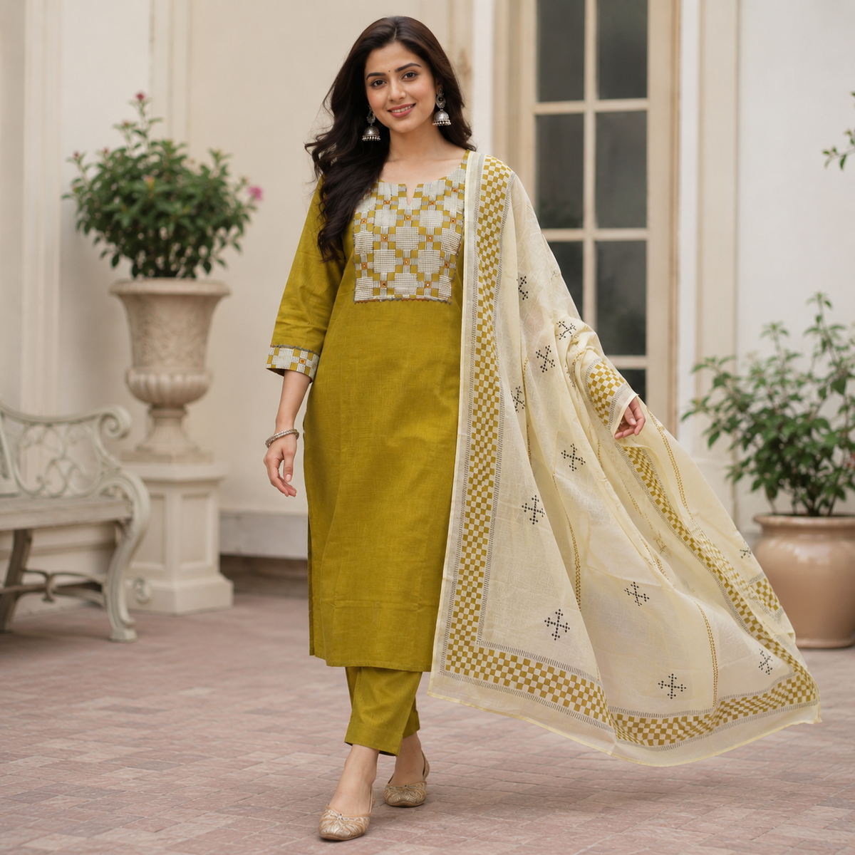 Anvita (Anaya) Mustard Olive Kurta Pant Set with Geometric Yoke and Cream Dupatta