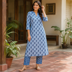 Revanta Blue Printed Cambric cotton Kurta Pant Set