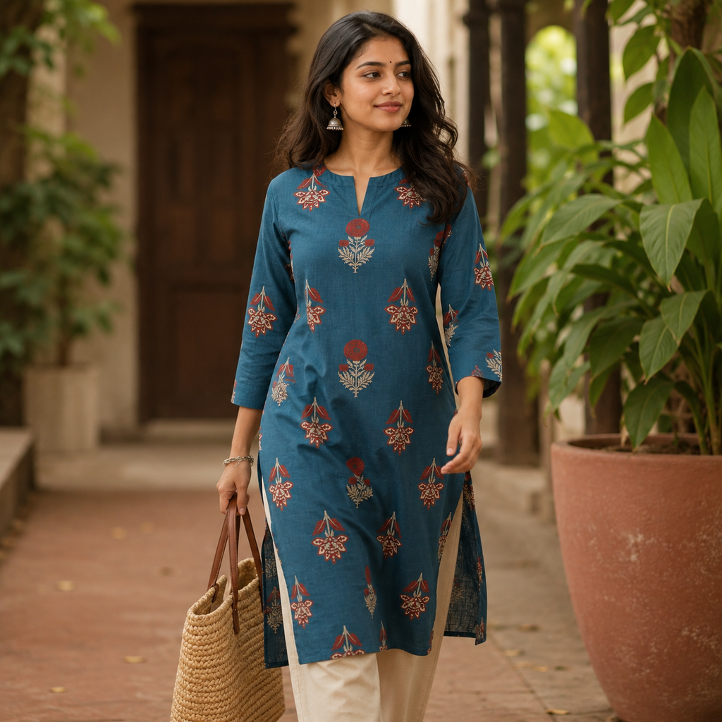 Anvita Teal Blue Cotton Kurta Featuring All-Over Floral Motifs