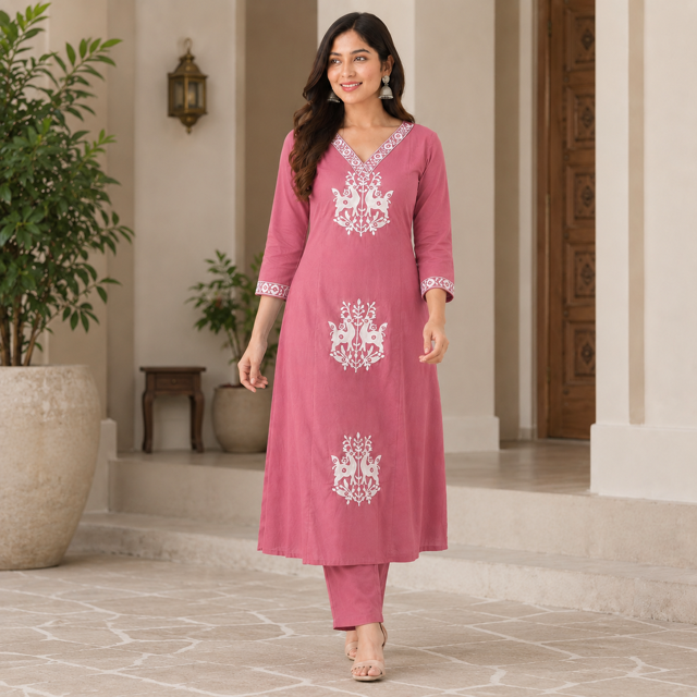 Revanta Dark Peach Vertican Kurta Palazzo Set Featuring V-Neck and Elegant Embroidery on the Neck, Body & Sleeves