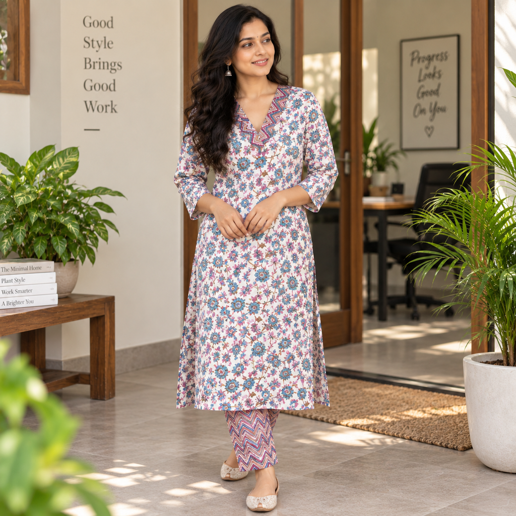 Revanta Soft Cotton Floral Printed Kurta Set with Chevron Neck, Lining & Matching Pants