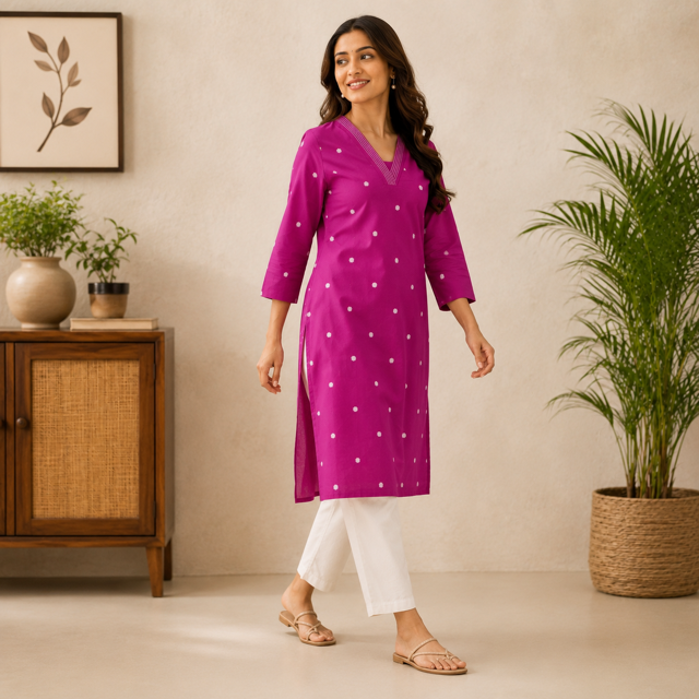 Revanta Magenta Cotton Kurta – White Dotted Print & Structured V-Neck Detail – Smart Casual Ethnic Wear