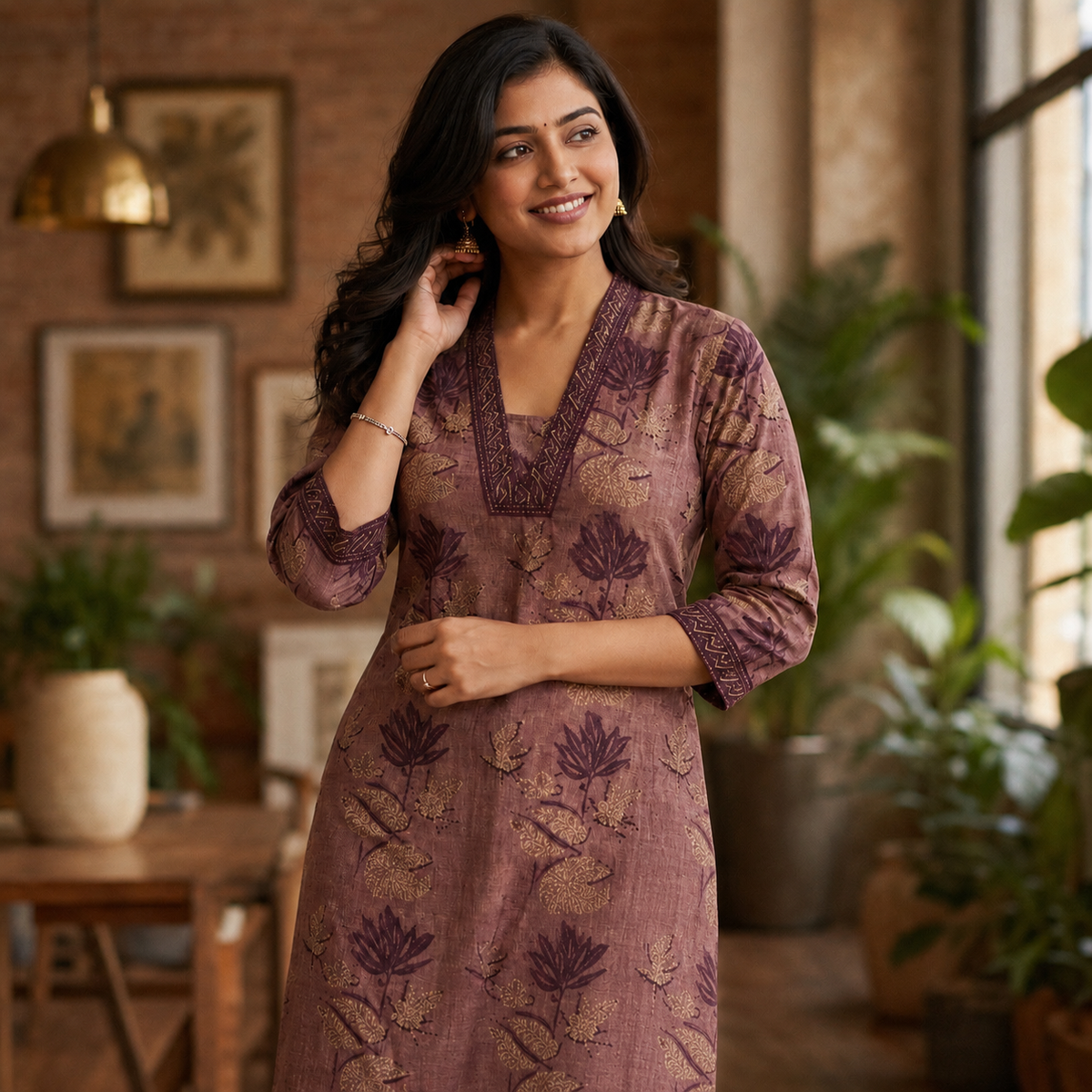 Anvita Cotton Soft Mauve-Brown Floral Print A-Line Kurta Set