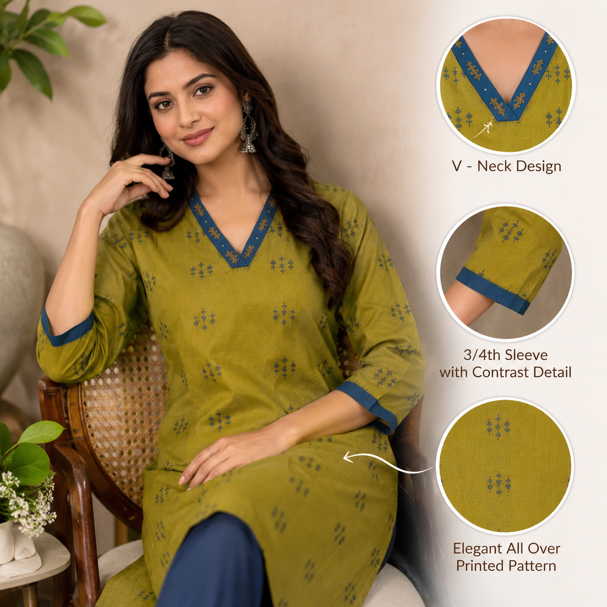 Anvita Olive Mustard Cotton Printed V-Neck Kurta