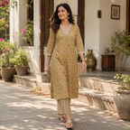Anvita Mustard Yellow Cotton Printed Co-ord Set | V-Neck | Straight Fit