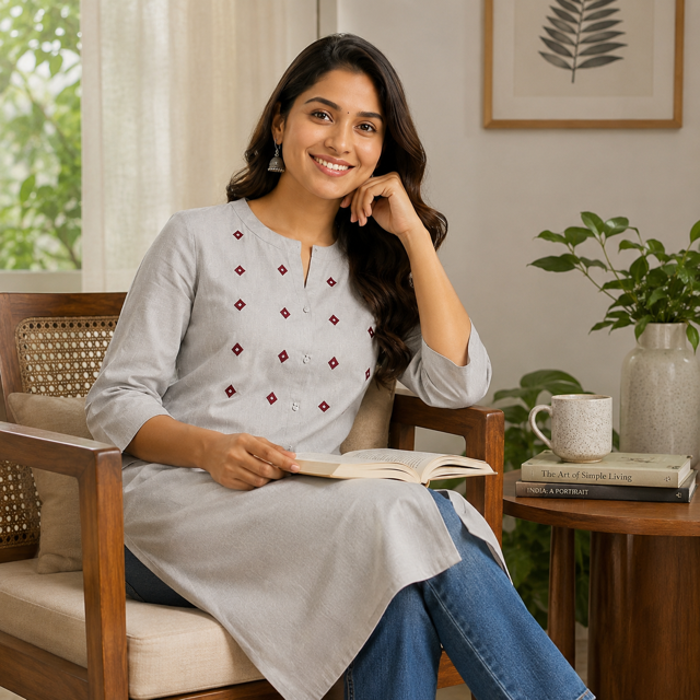 Revanta Light Grey Straight Cotton Kurta with red embroidery on Yoke & Stylish Front Slit