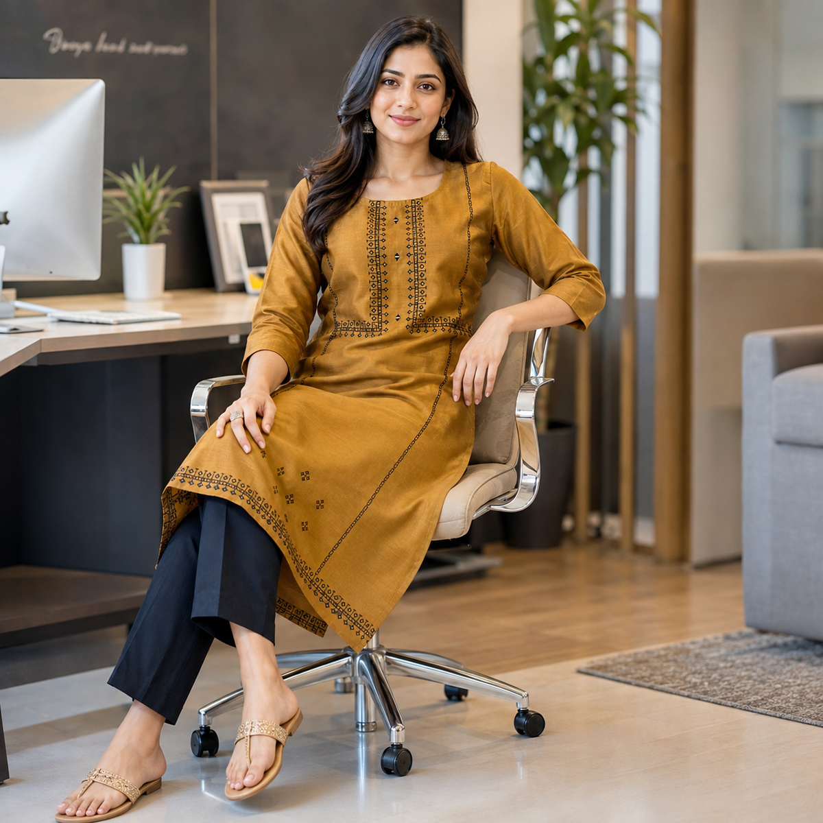Revanta Mustard Gold Cotton Blend Kurta with Foil Print & Glass Work