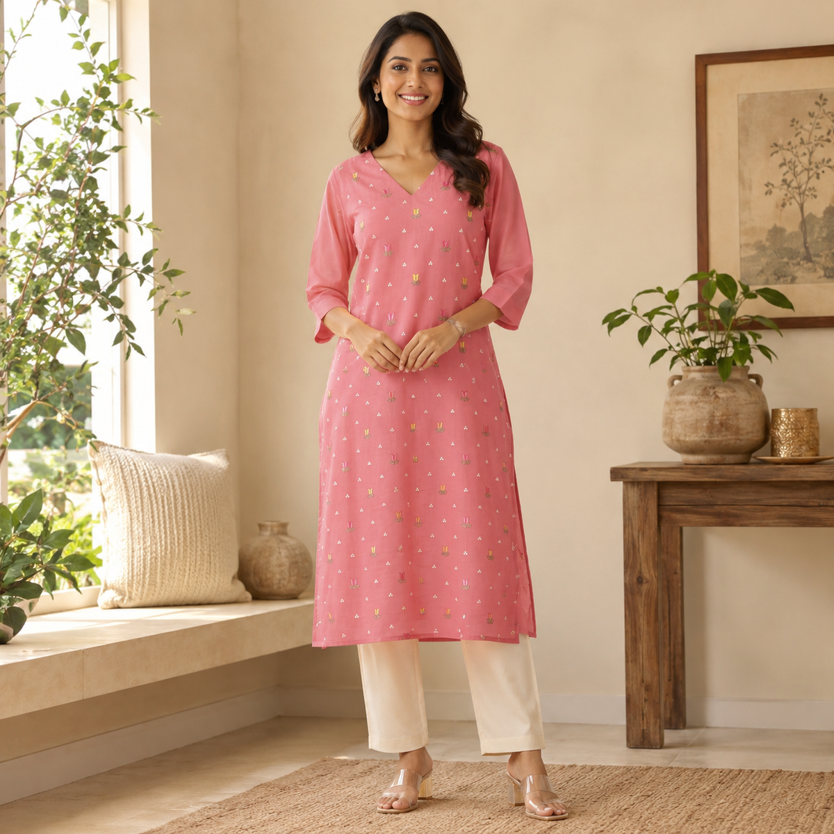 Revanta Rose Pink Floral Malchanderi Embroidered Kurta with V-Neck & Lining
