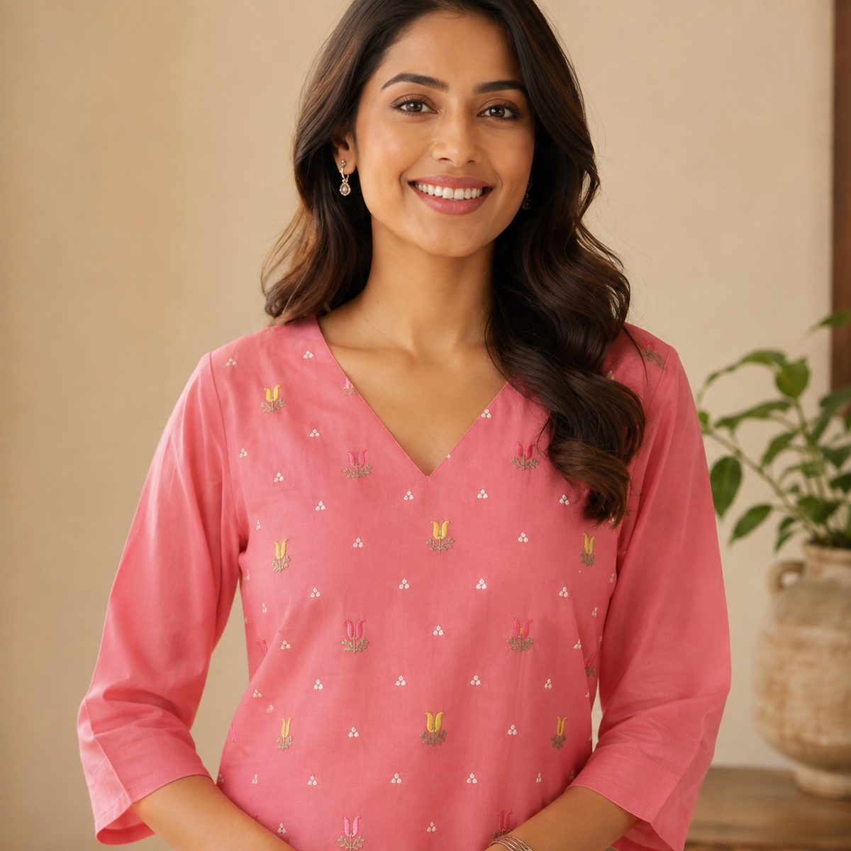 Revanta Rose Pink Floral Malchanderi Embroidered Kurta with V-Neck & Lining