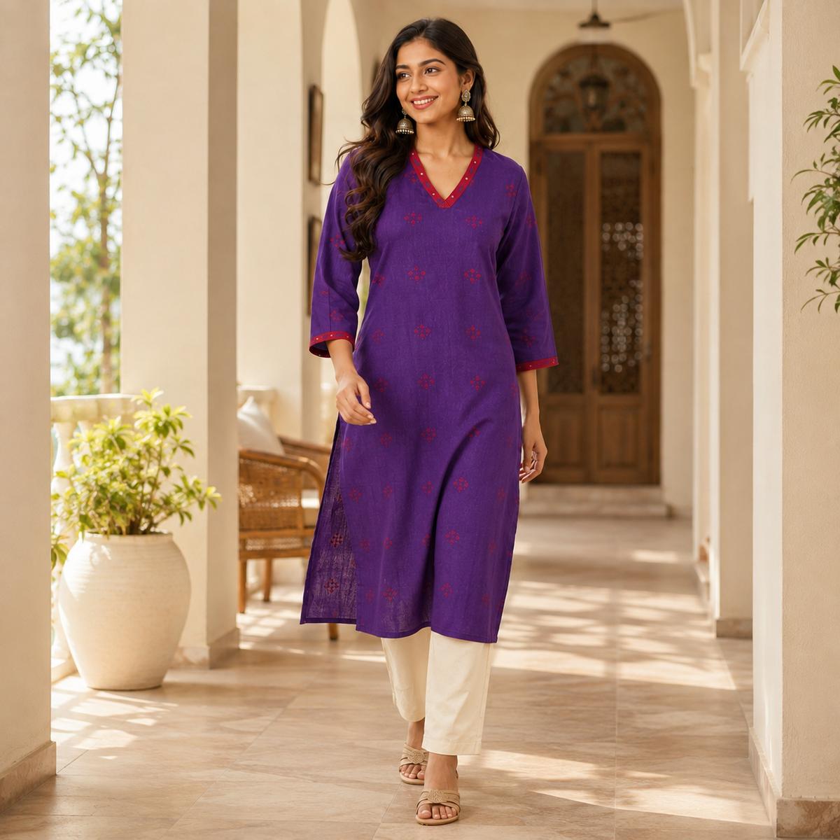 Anvita Purple Straight Cotton Kurta with Contrast Red V-Neck & Motif Detail