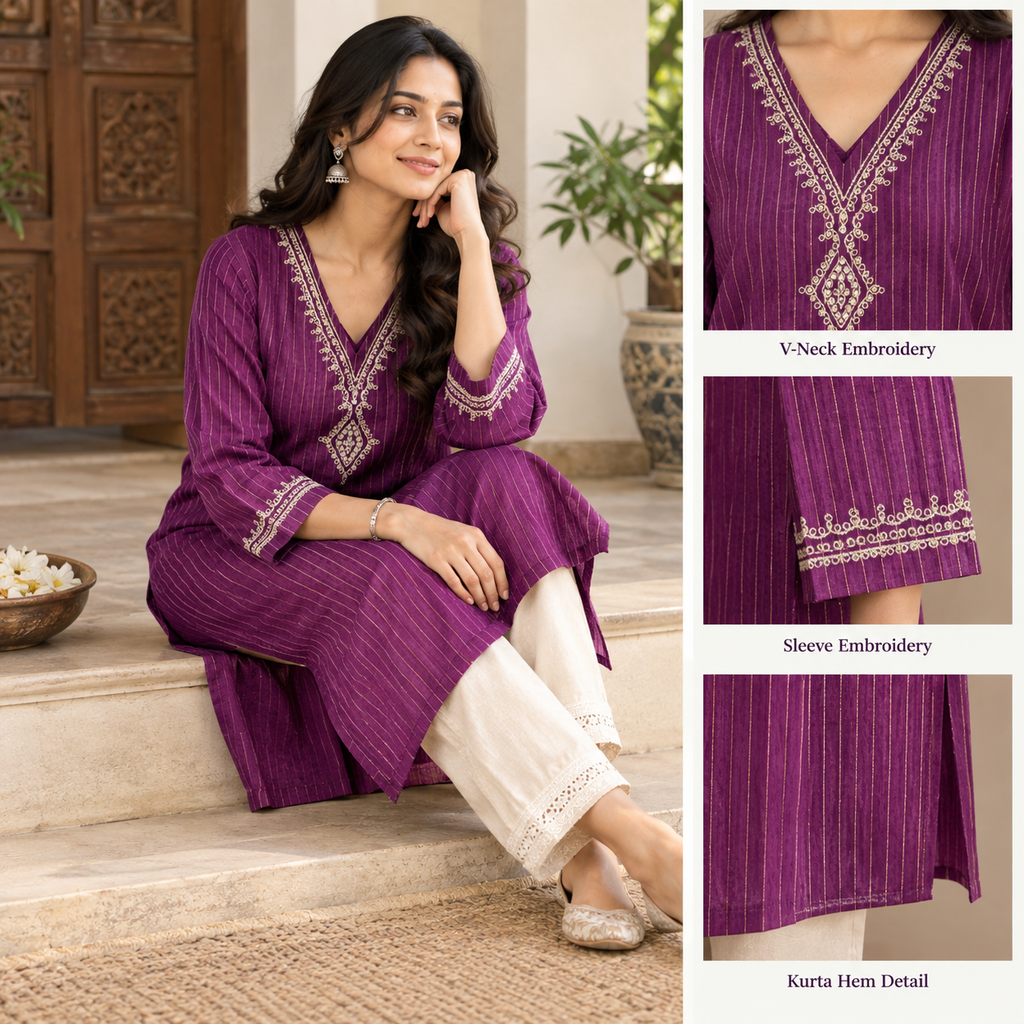 Anvita Purple Cotton Kurti with Golden Vertical Stripes & Embroidery
