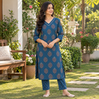 Anvita Blue Printed Cotton Kurta Pant Set with Contrast Border & Flared Sleeves