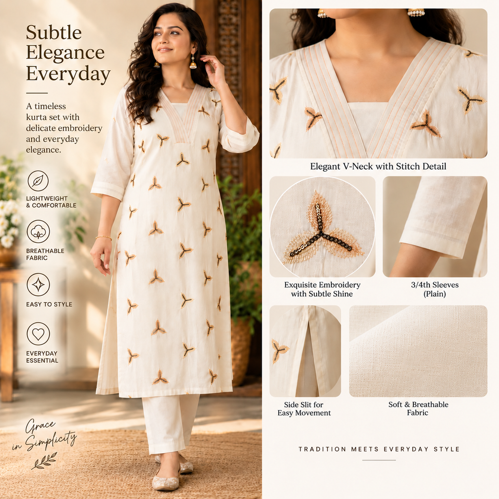 Revanta Cream Straight-Fit Kurta Co-Ord Set with V-Neck Pintucks and Motif Embroidery