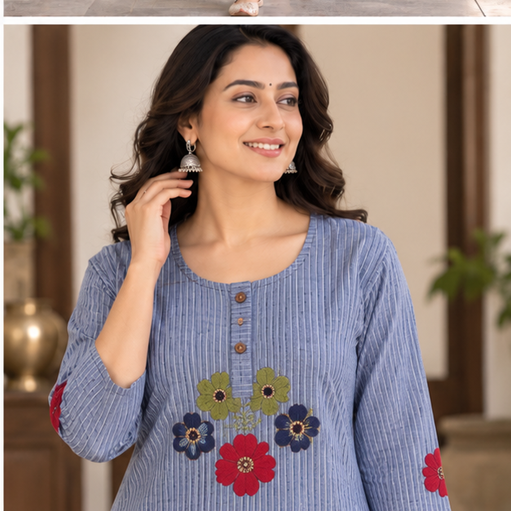 Anvita Blue Striped Kurta with Floral Appliqué Embroidery