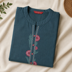 Anvita Greyish Blue Chinese Collar Straight Cotton Kurta with Embroidery on Yoke & Sleeves