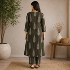 Revanta Mehendi Green A-Line Vertical Kurta Pant Set with Front Slit & Gold-White Foil Print