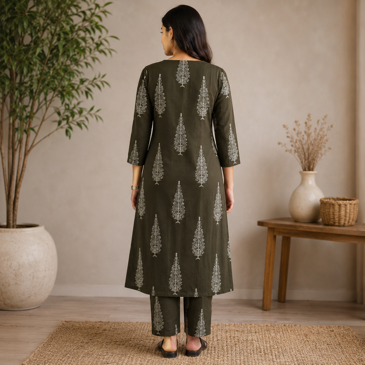 Revanta Mehendi Green A-Line Vertical Kurta Pant Set with Front Slit & Gold-White Foil Print