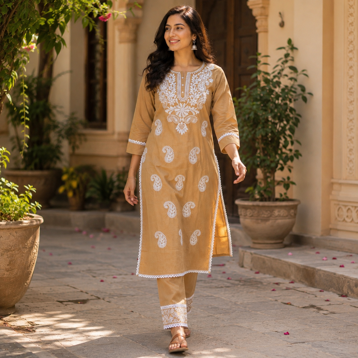 Revanta Premium Camel Brown Rayon Chikankari White Embroidered Kurta Pant Set