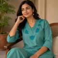 Anvita Teal Green Cotton Kurta with V-Neck, Embroidery & Bead Work