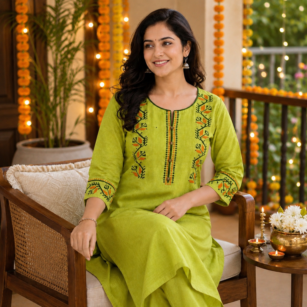Anvita Lime Green Embroidered Kurta & Palazzo Pant Set