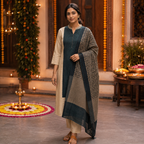 Revanta Beige & Blue-Green Contrast Kurta Pant Set with Printed Dupatta