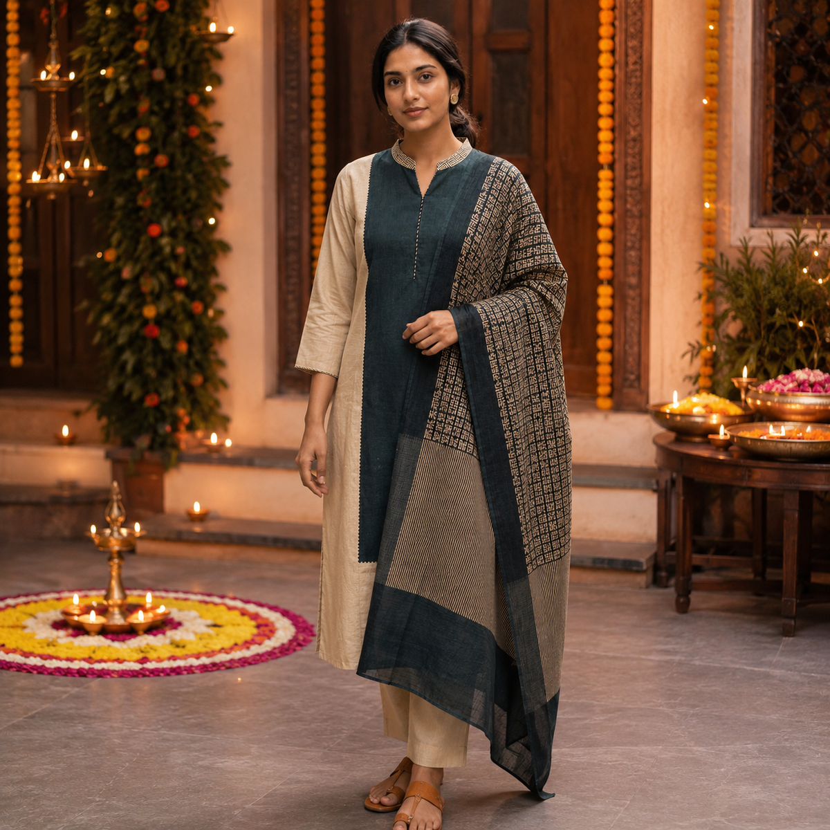Revanta Beige & Blue-Green Contrast Kurta Pant Set with Printed Dupatta