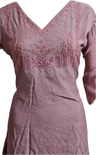 Women’s A-Line Kurti in Crushed Nylon with Bead Handwork and Lining-Dusty Mauve