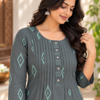 Anvita Women’s Charcoal Grey Cotton Kurta with Geometric Print & Pleated Button Yoke