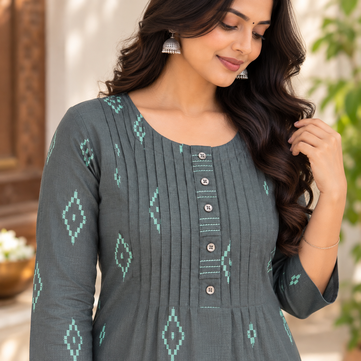 Anvita Women’s Charcoal Grey Cotton Kurta with Geometric Print & Pleated Button Yoke