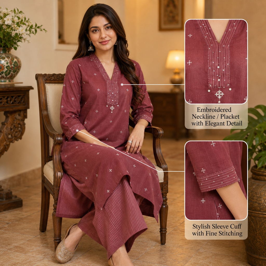 Anvita Maroon Kurta Pant Set with Embroidered V-Neck & Striped Pants