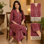 Anvita Maroon Kurta Pant Set with Embroidered V-Neck & Striped Pants