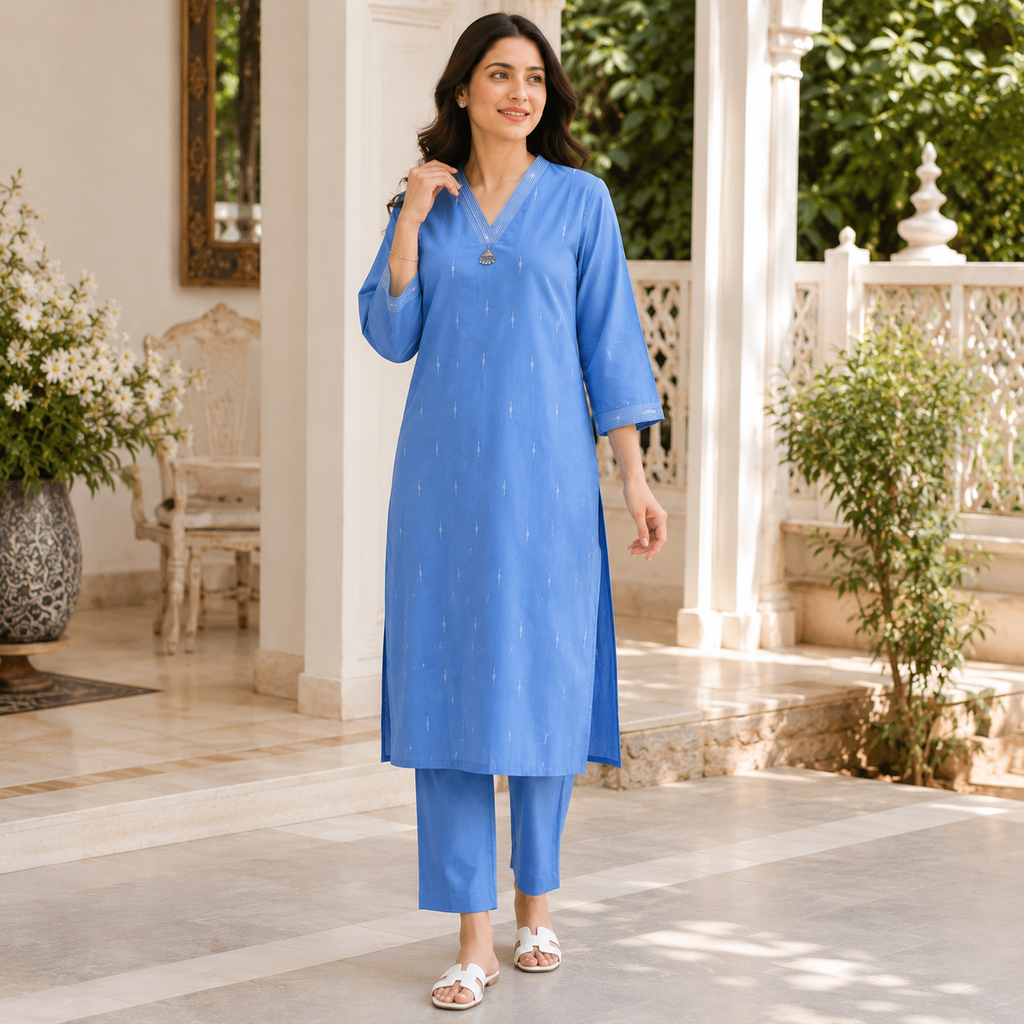 Anvita Sky Blue V Neck Cotton Kurta with Minimal Motifs & Pendant detail