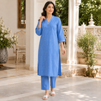 Anvita Sky Blue V Neck Cotton Kurta with Minimal Motifs & Pendant detail