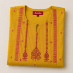 Anvita Yellow Cotton Kurta – Vibrant Pink Embroidered Yoke & Keyhole Detail – Elegant Ethnic Wear