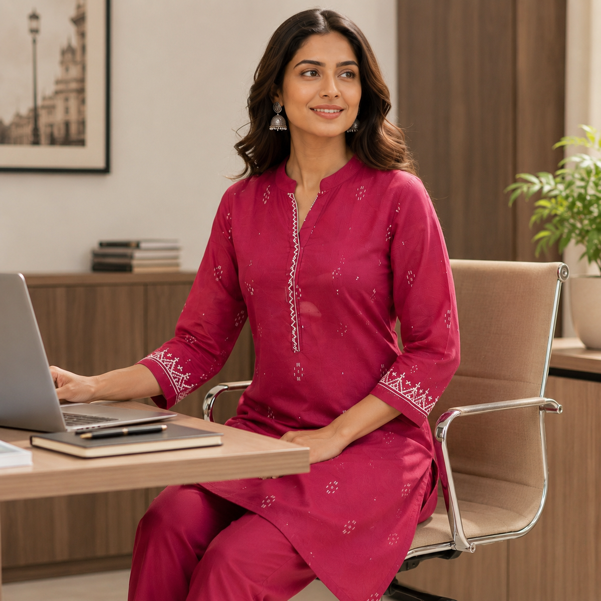 Anvita Magenta Embroidered Kurta Pant Set.