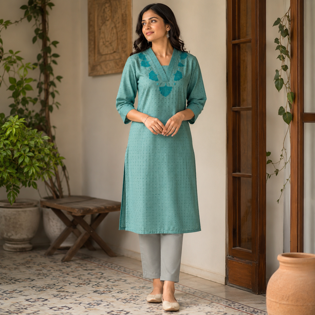 Anvita Teal Green Cotton Kurta with V-Neck, Embroidery & Bead Work
