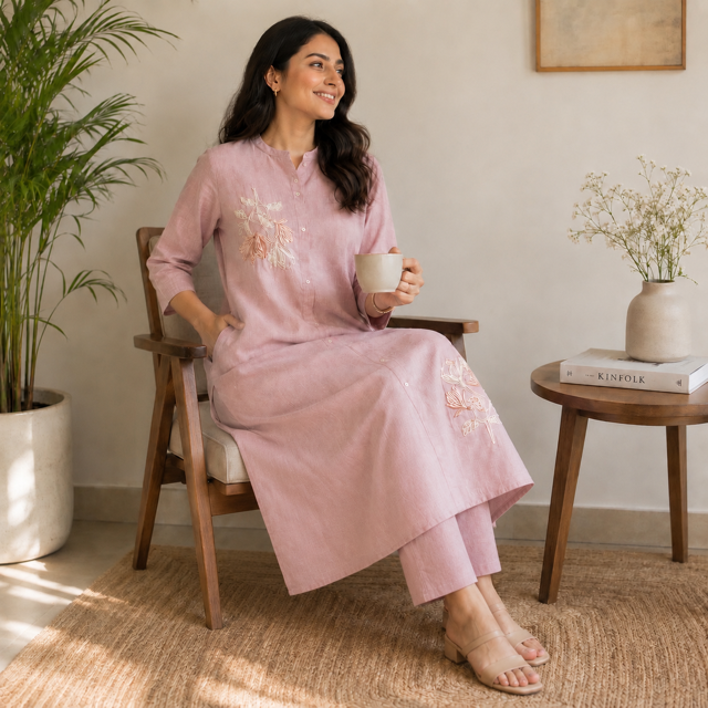 Revanta Rayon Dusty Pink A-Line Co-ord Set with Pocket – Mandarin Collar & Stylish Front Slit – Chic Ethnic Wear