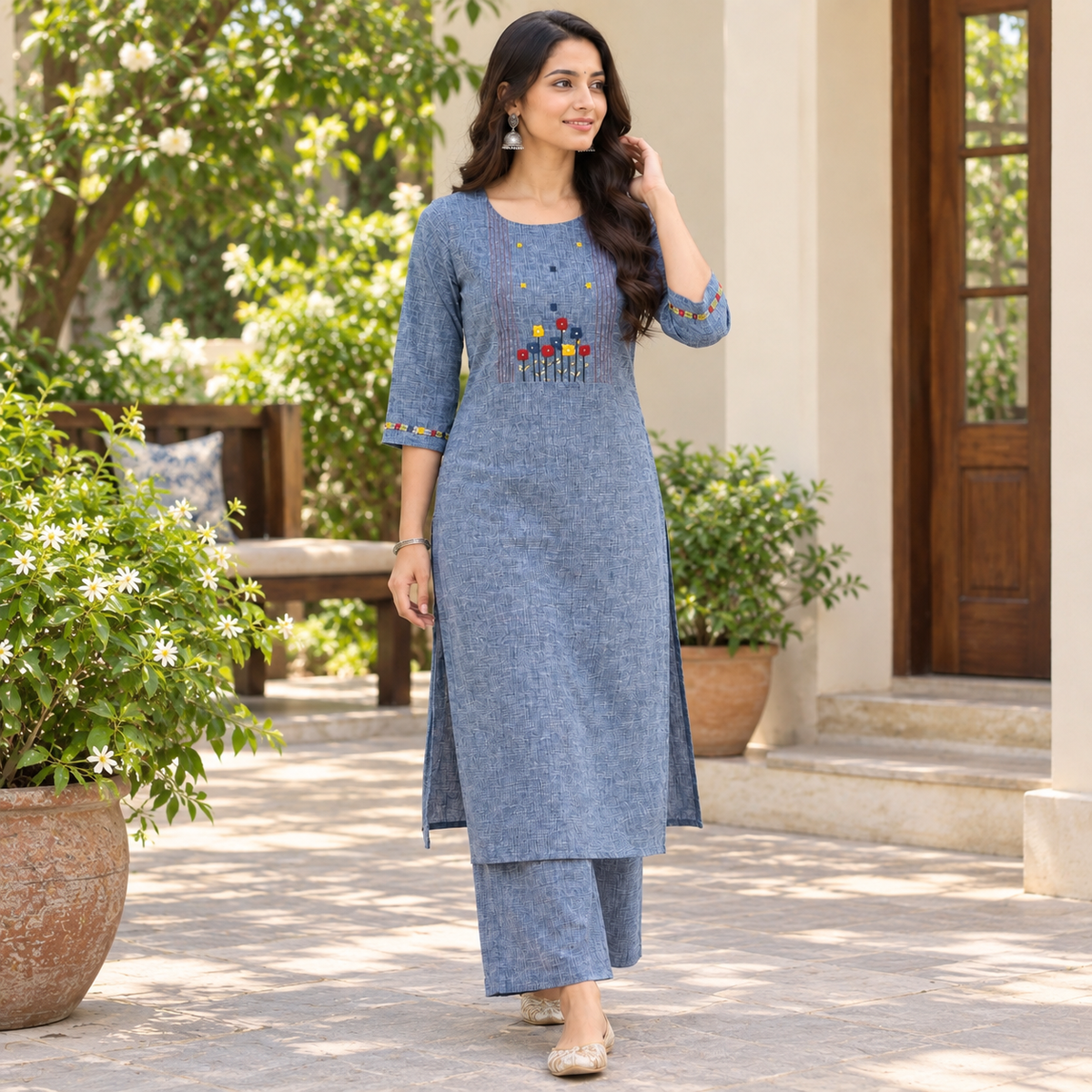 Anvita Handloom Cotton Kurta Pant Set | Blue Floral Embroidered Kurta with Glass Work