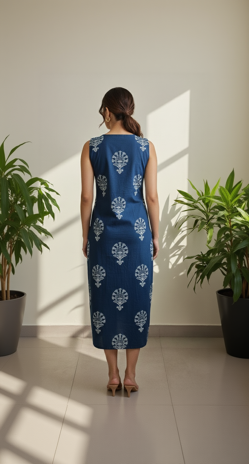 Women’s Premium Cotton Straight Kurti with Butti Print & Separate Sleeves – Teal Blue