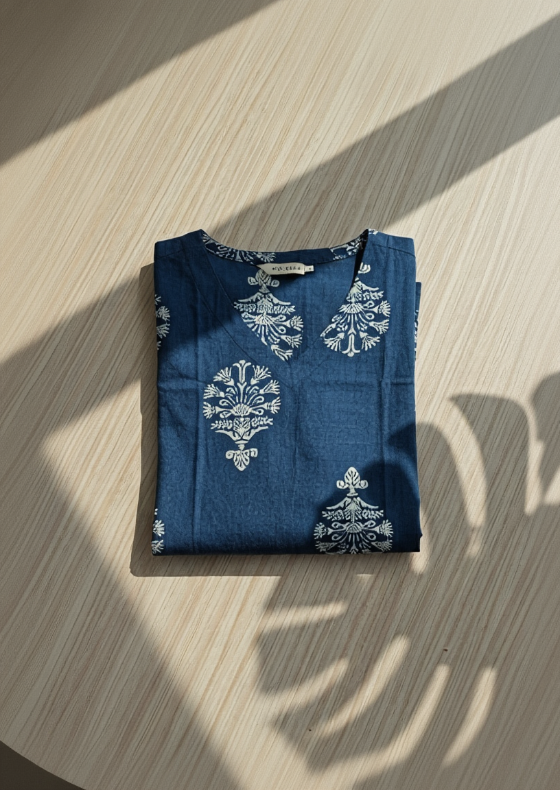 Women’s Premium Cotton Straight Kurti with Butti Print & Separate Sleeves – Teal Blue