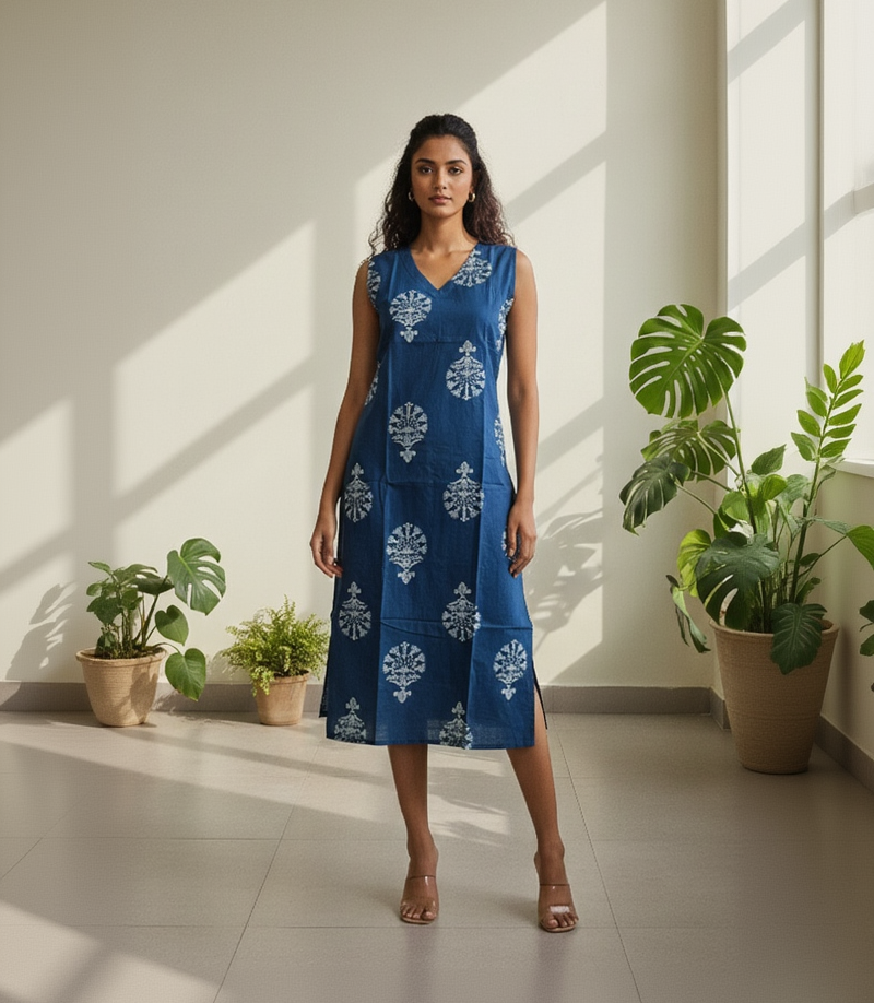 Women’s Premium Cotton Straight Kurti with Butti Print & Separate Sleeves – Teal Blue