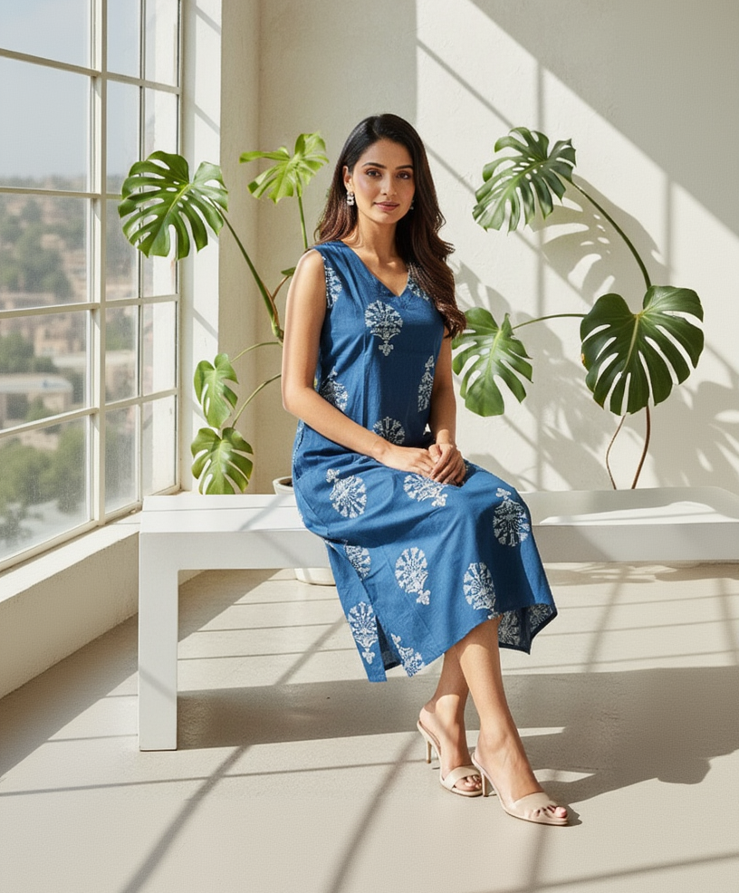 Women’s Premium Cotton Straight Kurti with Butti Print & Separate Sleeves – Teal Blue