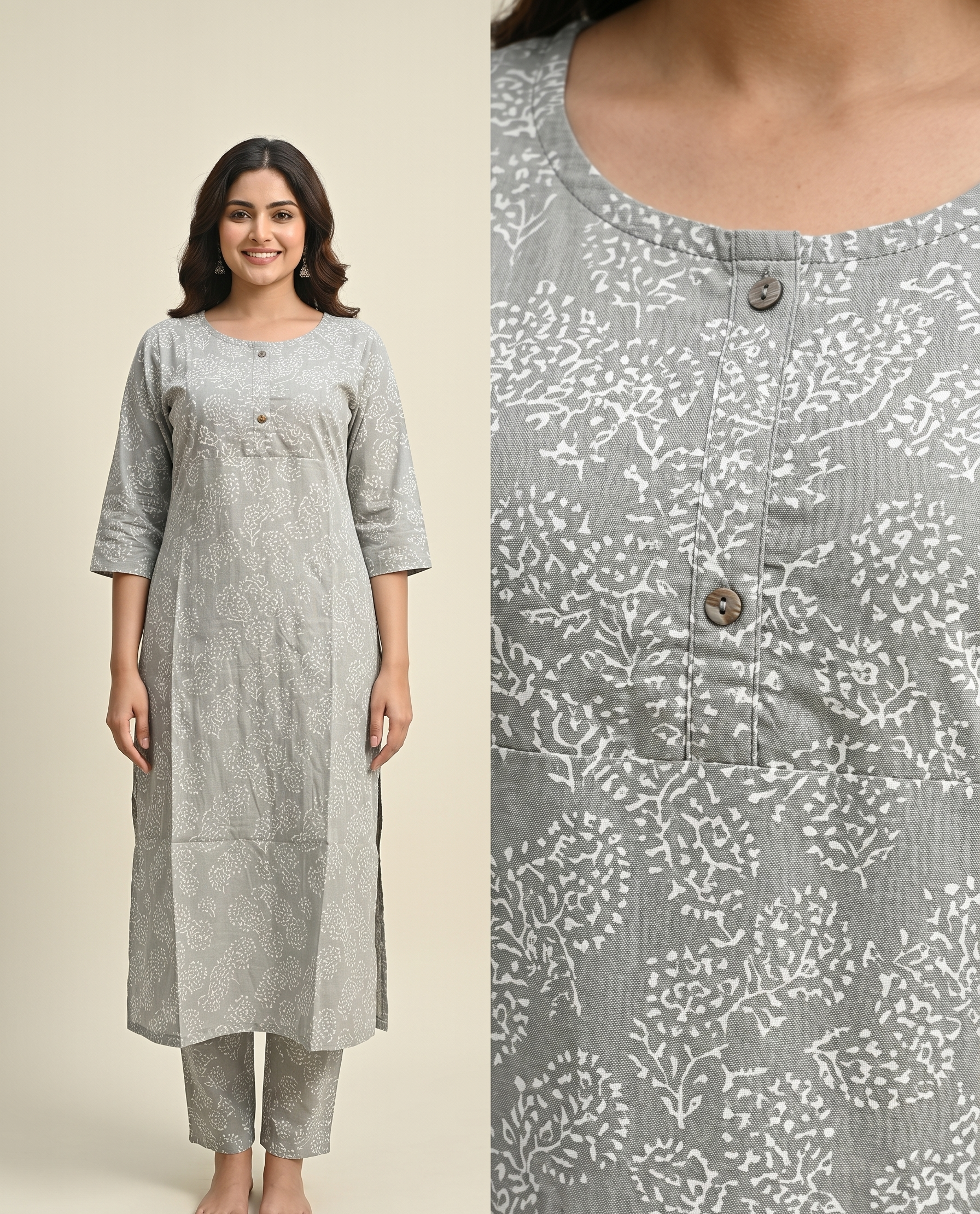 Premium Cotton Floral Gray & Yellow Kurta Set with Round Neck & 3/4 Sleeves