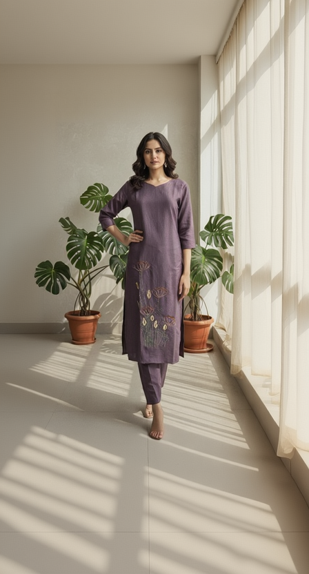 Women's A-Line Kurta Set with Inner Lining – Crushed Nylon Beadwork in Grape Purple & Light Blue