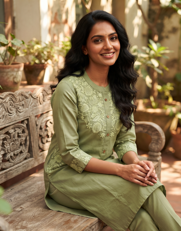 Olive Green Cotton Linen Kurta Set – Tonal Floral Embroidery – Sophisticated 2-Piece Co-ord