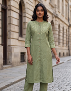 Olive Green Cotton Linen Kurta Set – Tonal Floral Embroidery – Sophisticated 2-Piece Co-ord