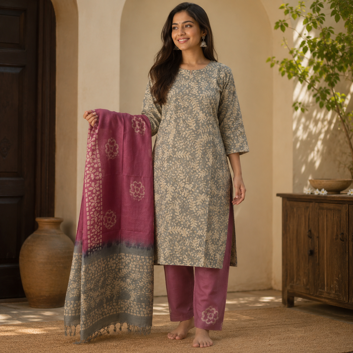Revanta-Kurt Grey Batik Printed Cotton 3-Piece Suit with Embroidery & Sequin Work on Yoke