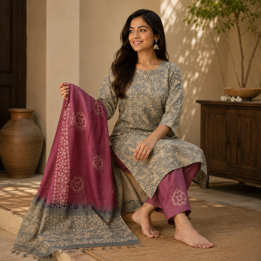 Revanta-Kurt Grey Batik Printed Cotton 3-Piece Suit with Embroidery & Sequin Work on Yoke