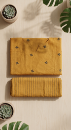 Handloom Jamdhani Mustard Cotton Kurta Set – Intricate Green Motifs with Striped Palazzos