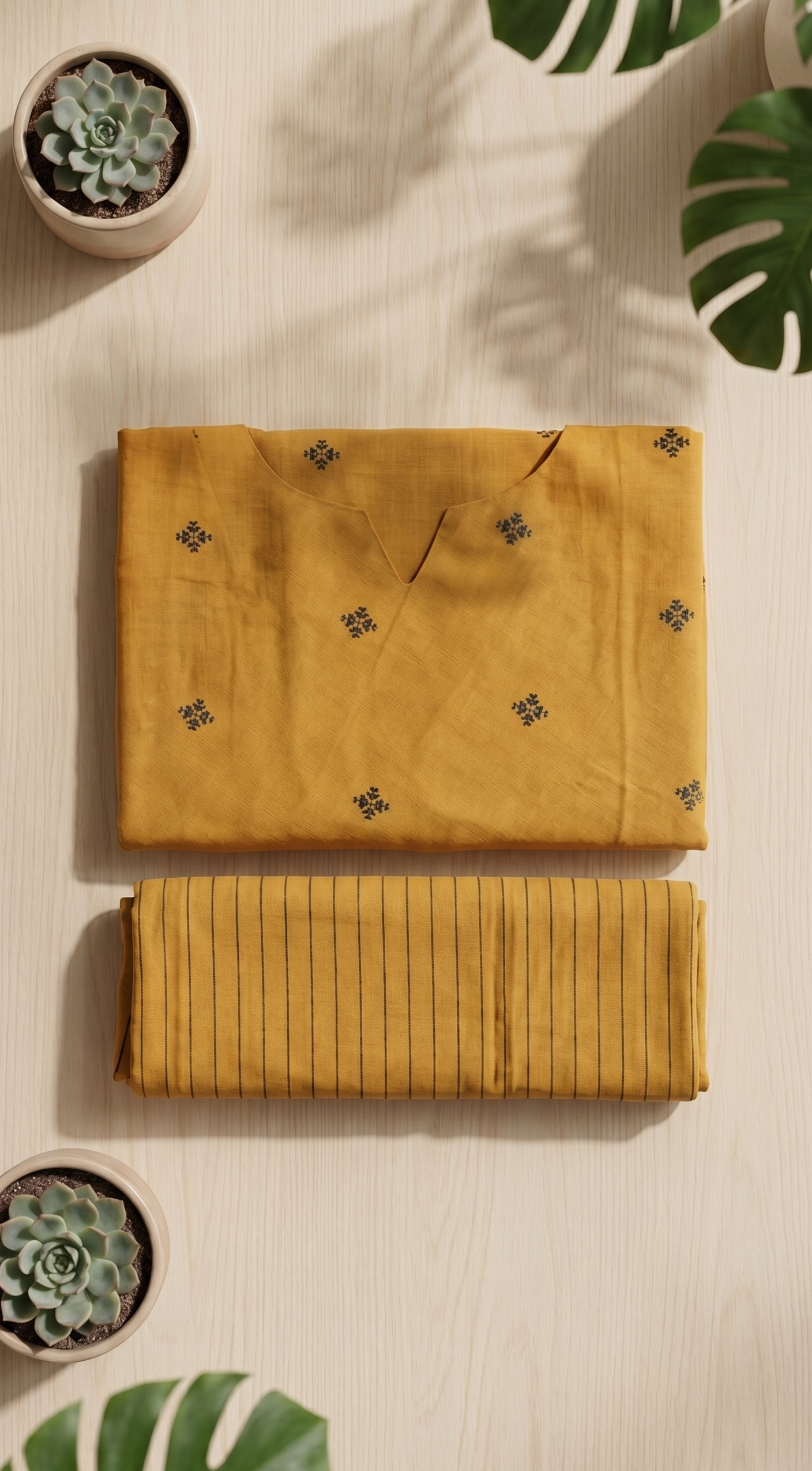 Handloom Jamdhani Mustard Cotton Kurta Set – Intricate Green Motifs with Striped Palazzos